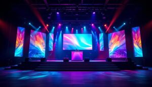 A photograph of capture a photograph of a vibrant church stage featuring an led display