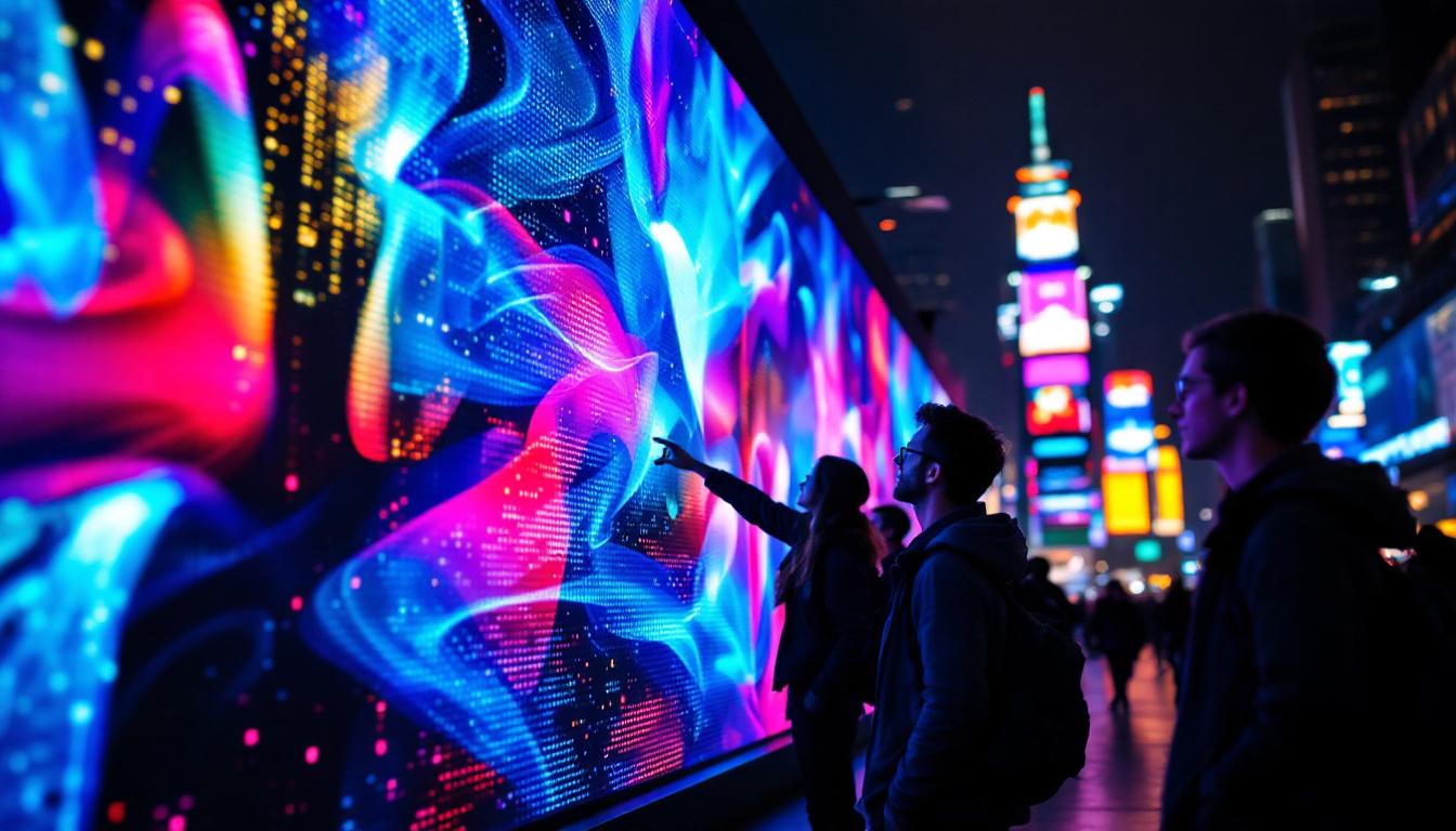 A photograph of a vibrant led display in an urban setting at night