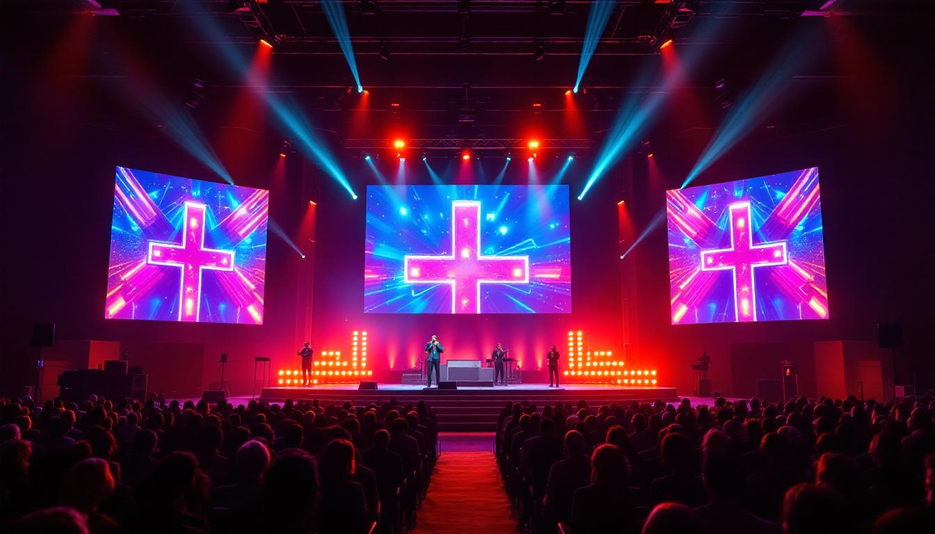 A photograph of a vibrant church stage featuring an led display backdrop