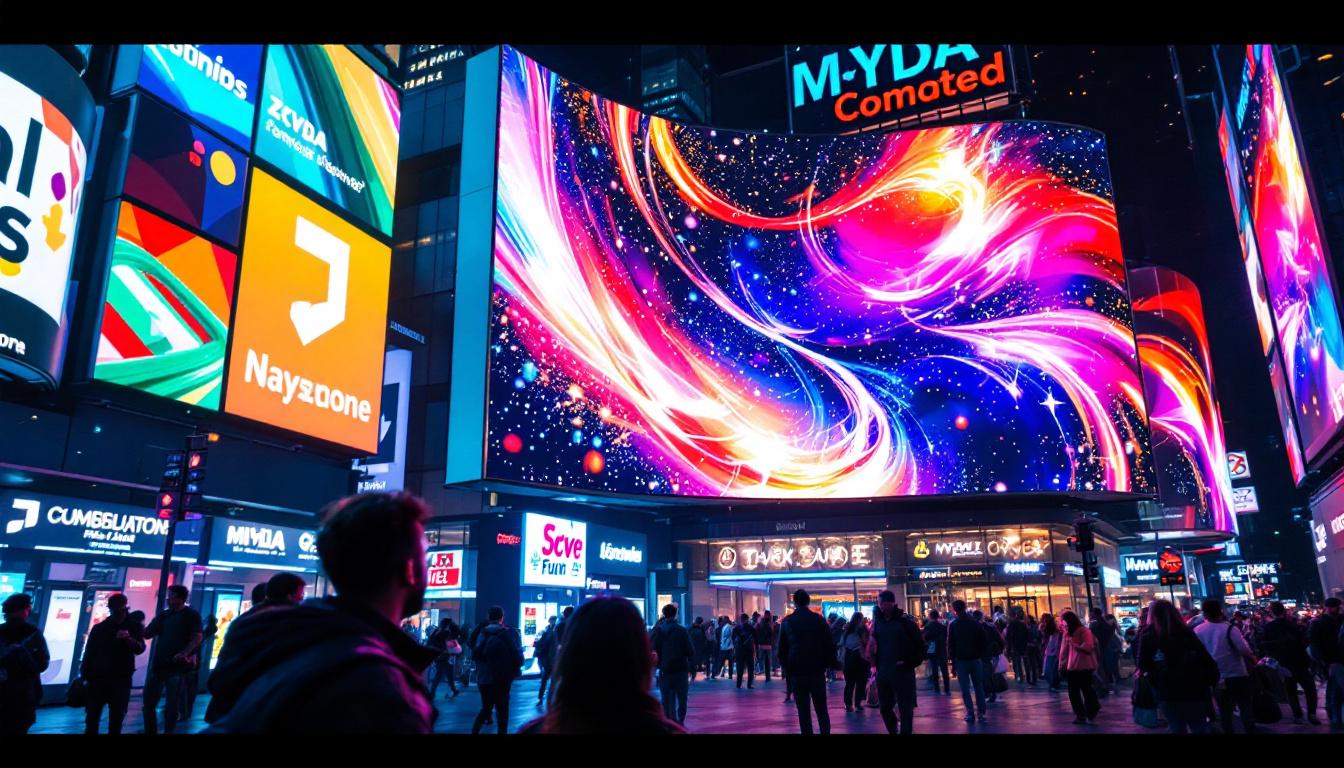 A photograph of a vibrant led display in a bustling urban environment