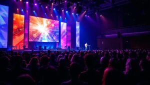 A photograph of a dynamic church stage featuring a vibrant led display