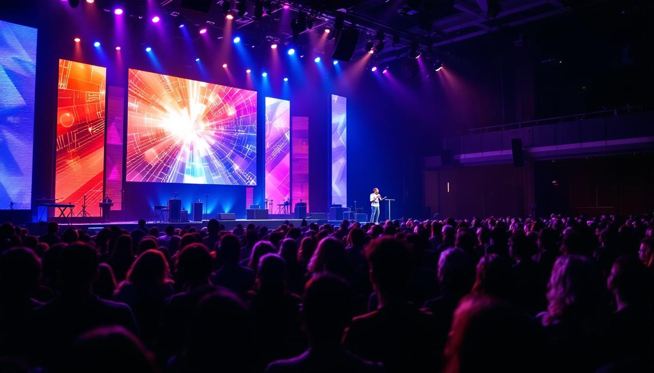 A photograph of a dynamic church stage featuring a vibrant led display