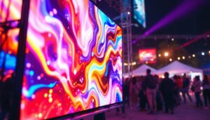 A photograph of a vibrant rental led display in an outdoor event setting