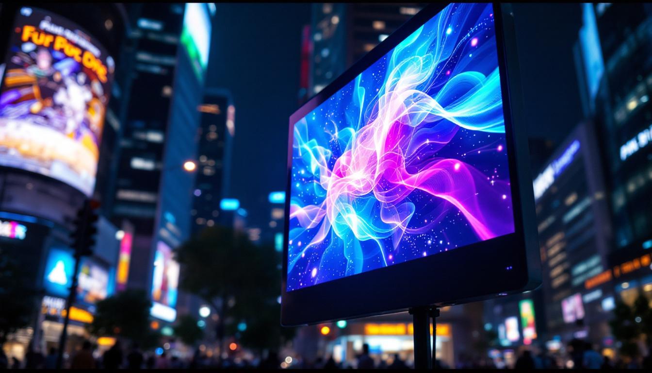 A photograph of a vibrant led display showcasing dynamic visuals or advertisements in an urban setting