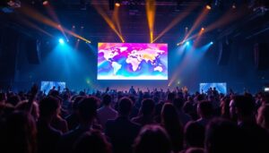 A photograph of a vibrant rental led screen in use at an event