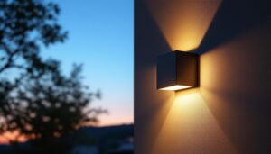 A photograph of a full cutoff led wall pack installed on a building exterior at dusk