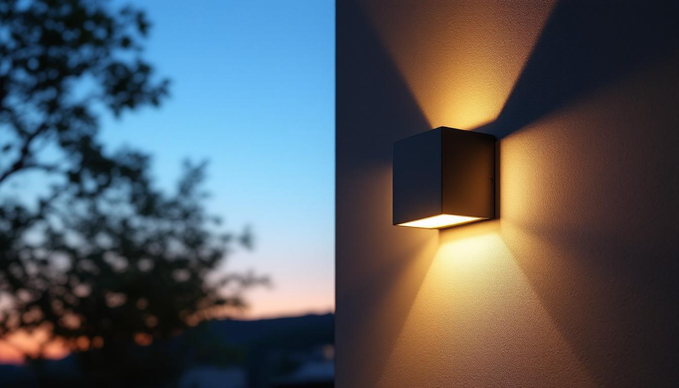 A photograph of a full cutoff led wall pack installed on a building exterior at dusk