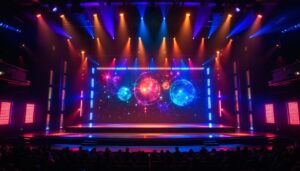 A photograph of a vibrant theater stage featuring an innovative led display