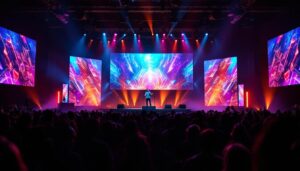 A photograph of capture a photograph of a vibrant church stage featuring an eye-catching led display
