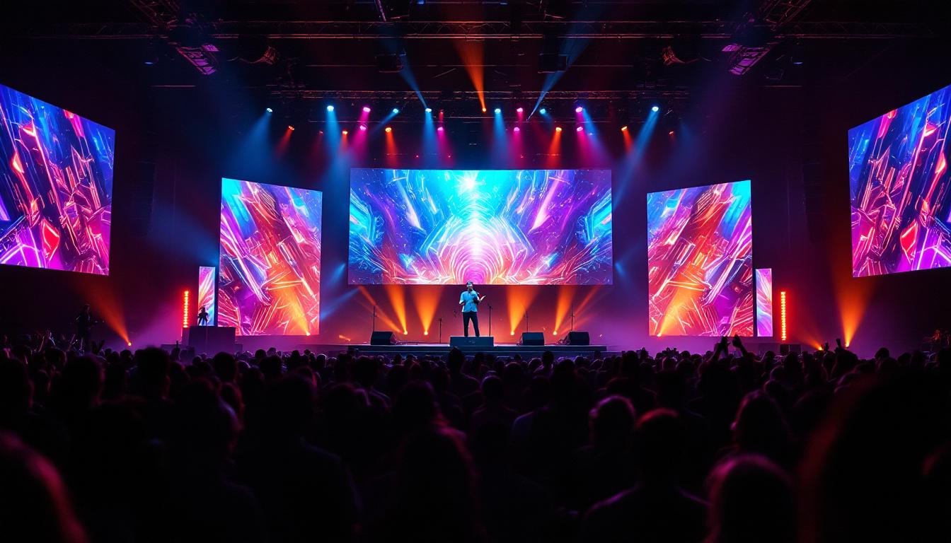 A photograph of capture a photograph of a vibrant church stage featuring an eye-catching led display