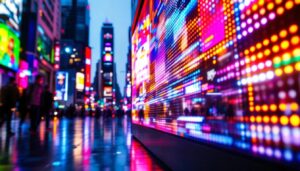 A photograph of a vibrant led display in a bustling urban setting