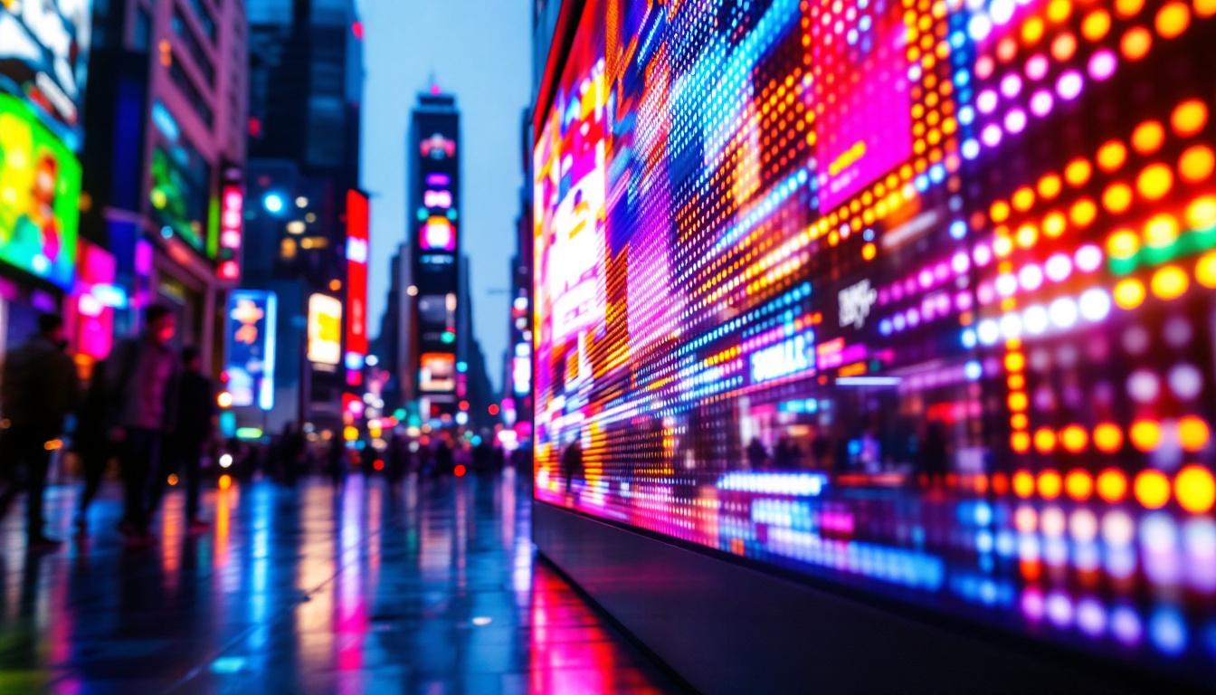 A photograph of a vibrant led display in a bustling urban setting