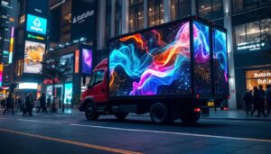 A photograph of a vibrant led truck displaying dynamic visuals in an urban setting