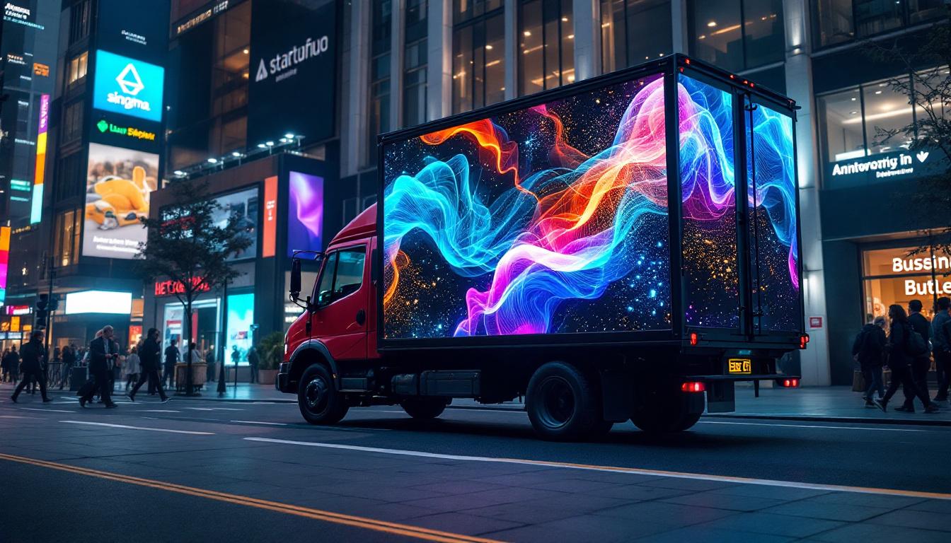 A photograph of a vibrant led truck displaying dynamic visuals in an urban setting