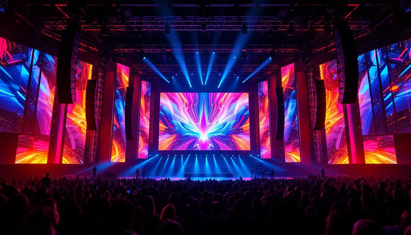 A photograph of a vibrant stage design featuring a large