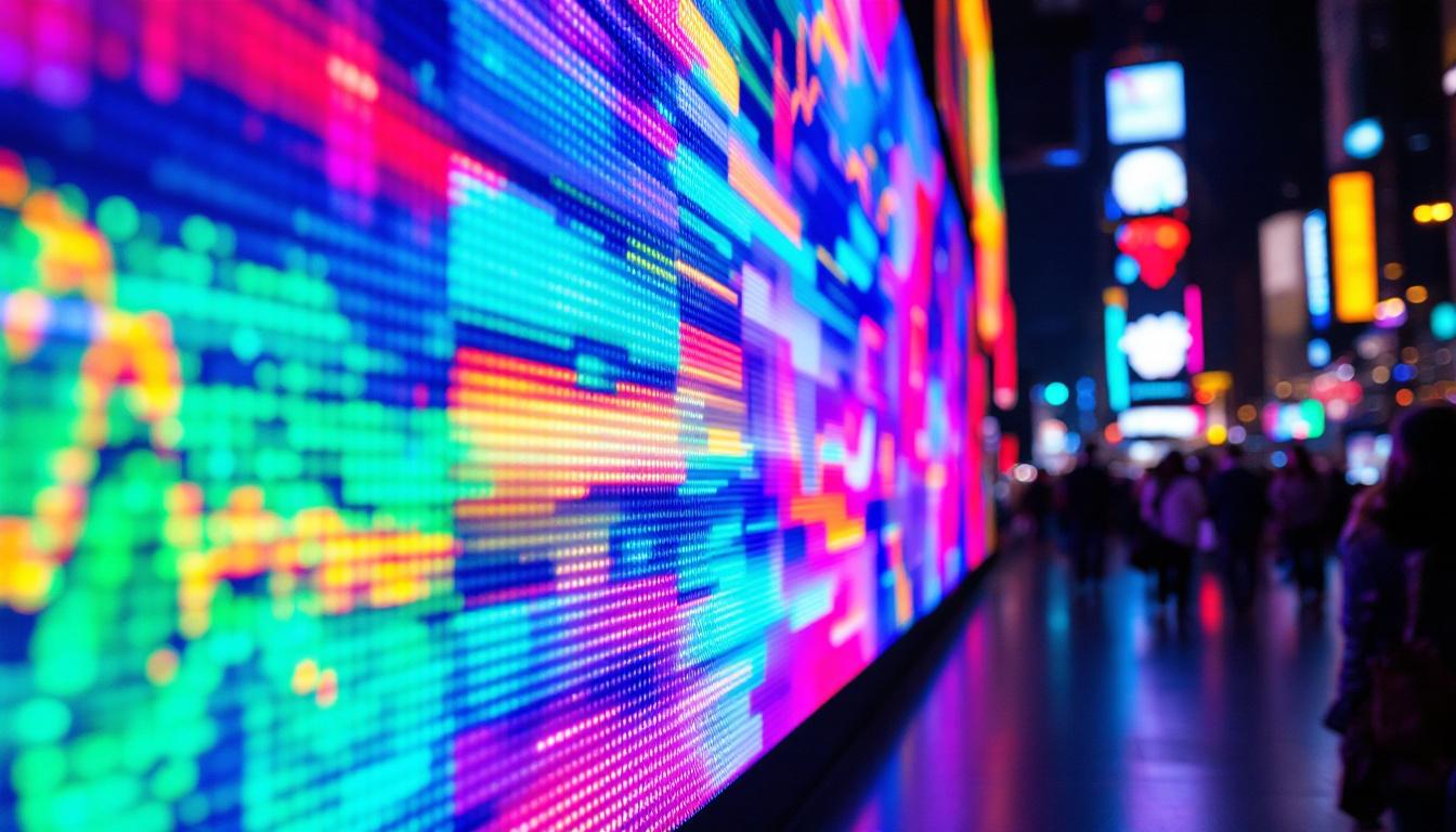 A photograph of a vibrant led display showcasing dynamic colors and patterns
