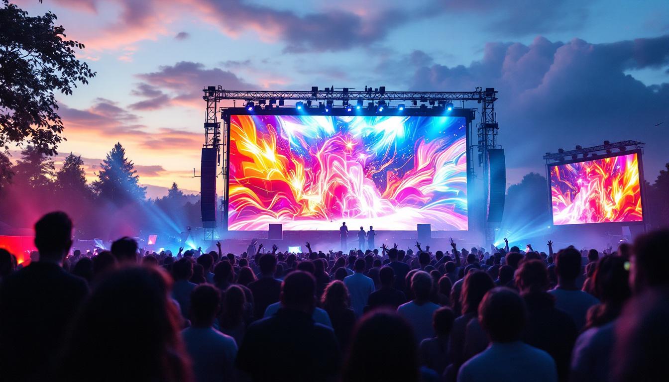 A photograph of a vibrant outdoor event featuring a large led screen displaying dynamic visuals