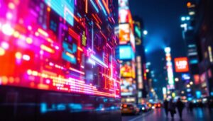 A photograph of a vibrant led display in a bustling urban environment