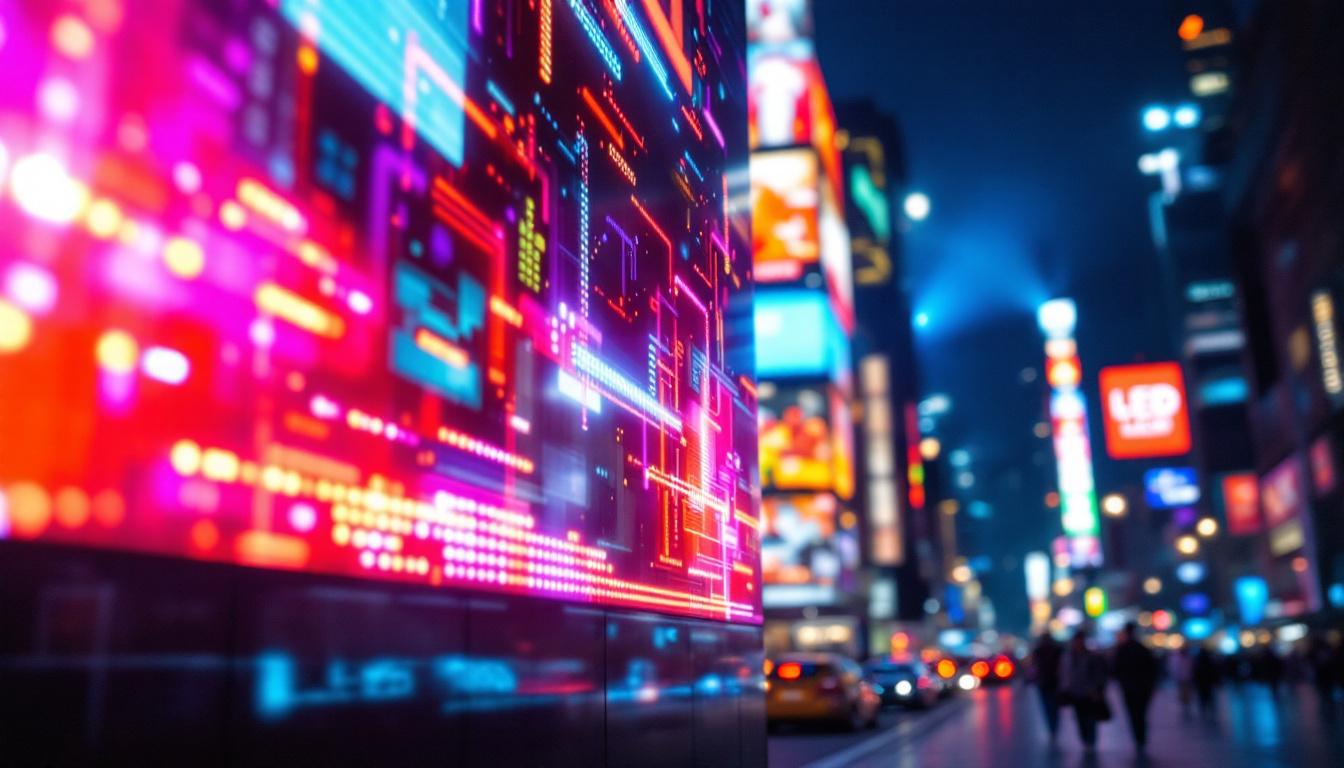 A photograph of a vibrant led display in a bustling urban environment