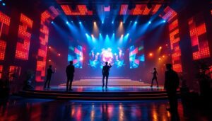 A photograph of capture a photograph of a vibrant theatre set featuring an intricate led display