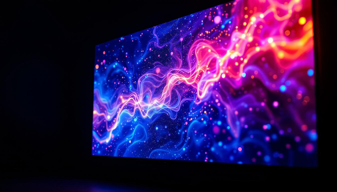 A photograph of a high-resolution led display showcasing vibrant colors and sharp details against a pitch-black background