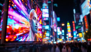 A photograph of a vibrant led display in a bustling urban setting
