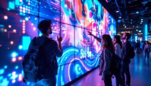 A photograph of a vibrant kinetic led wall in action