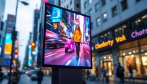 A photograph of a vibrant led digital signage display in an urban setting