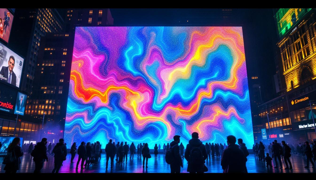 A photograph of a vibrant led display in an urban setting at night