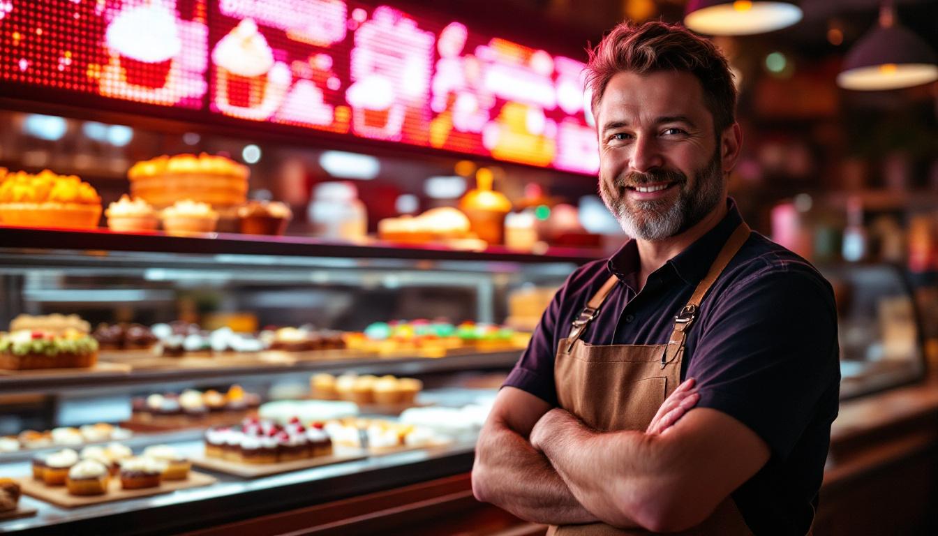 A photograph of the oakmont bakery owner standing proudly in front of their vibrant led display