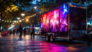 A photograph of a vibrant led mobile trailer showcasing a dynamic outdoor event