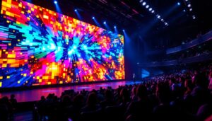 A photograph of a vibrant led display in a theater setting
