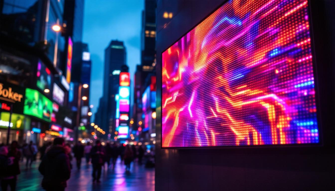 A photograph of a vibrant led display in a bustling urban environment