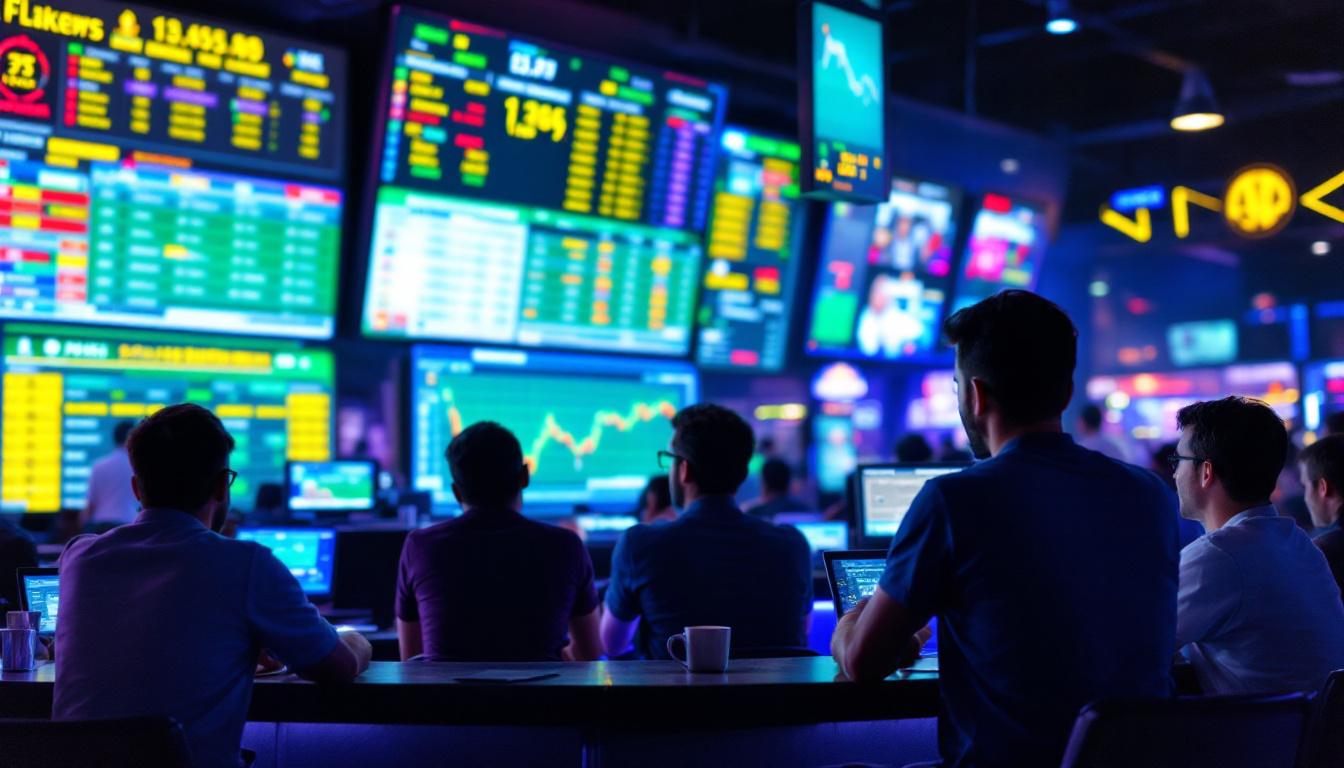 A photograph of a vibrant sportsbook scene featuring an led display showcasing live sports odds and events
