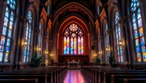 A photograph of a beautifully restored church interior featuring a vibrant led display