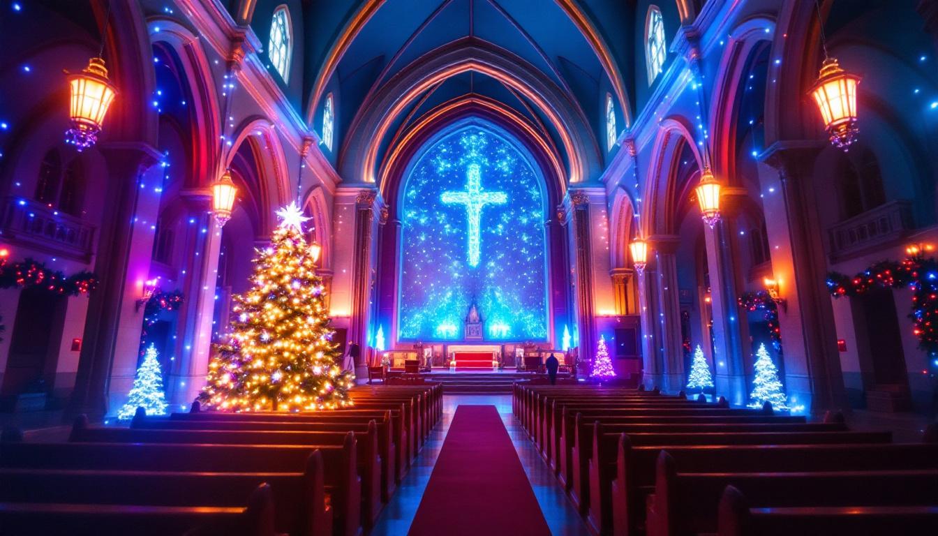 A photograph of capture a photograph of a beautifully decorated church interior featuring an eye-catching led display