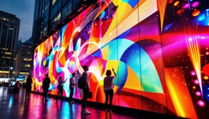 A photograph of a vibrant and dynamic led display wall in an urban setting