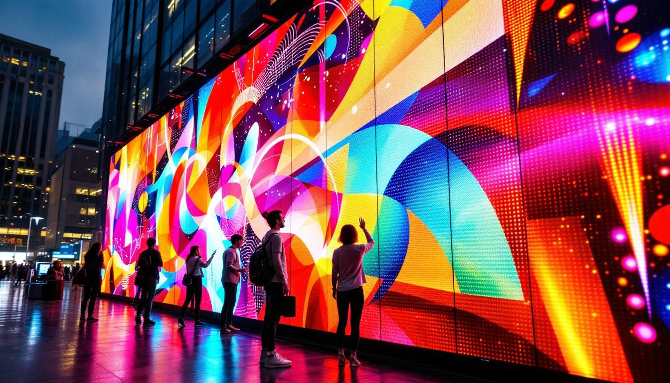 A photograph of a vibrant and dynamic led display wall in an urban setting