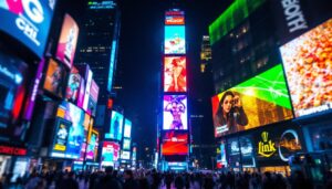 A photograph of a vibrant led display in a bustling urban environment at night