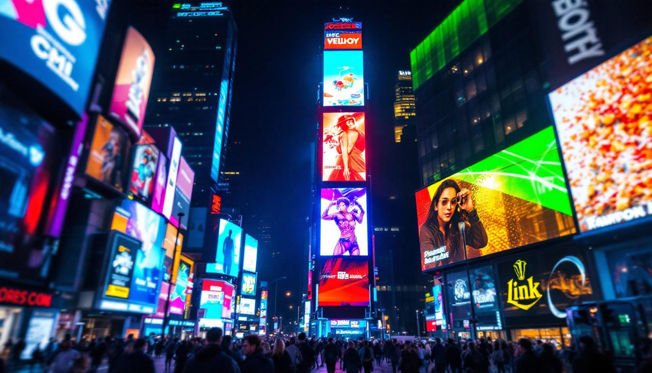 A photograph of a vibrant led display in a bustling urban environment at night