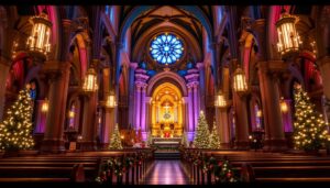 A photograph of a beautifully decorated church interior showcasing vibrant led displays and festive christmas decorations