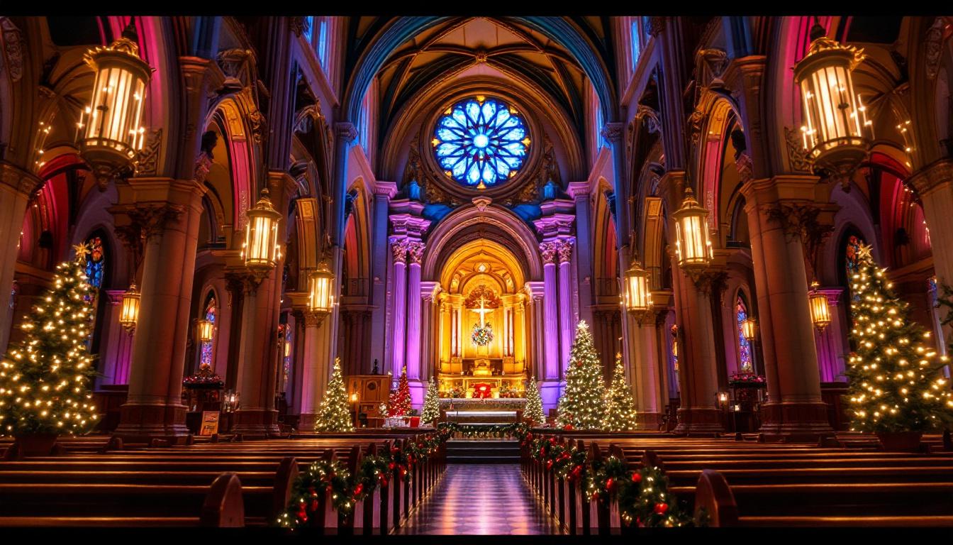 A photograph of a beautifully decorated church interior showcasing vibrant led displays and festive christmas decorations