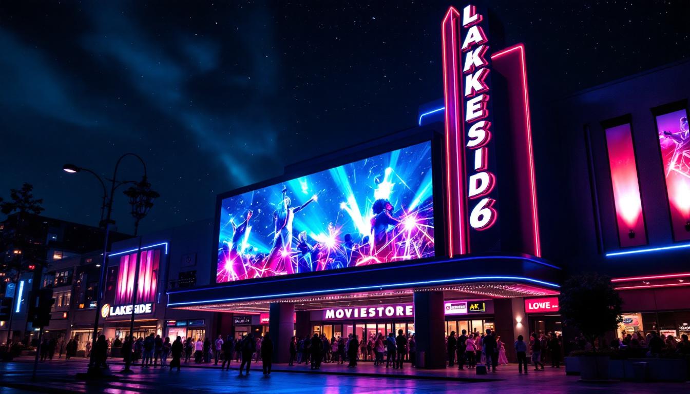 A photograph of capture a photograph of the vibrant led display at the lakeside 6 movie theater