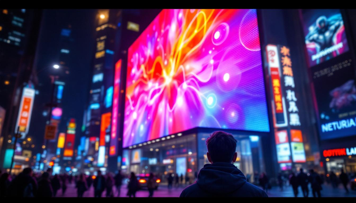 A photograph of a vibrant led display in a bustling urban environment