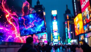 A photograph of a vibrant led display in a bustling urban setting