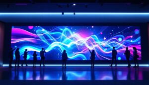 A photograph of a sleek lg wall display showcasing vibrant led graphics in a modern setting