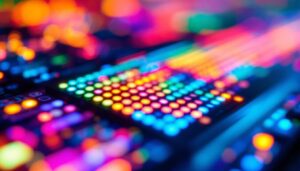 A photograph of a close-up of a vibrant mini led display in action