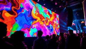 A photograph of capture a photograph of a vibrant led wall display in a lively las vegas setting