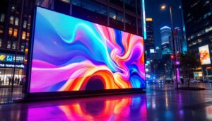 A photograph of capture a photograph of a vibrant led display in a dynamic urban setting at night