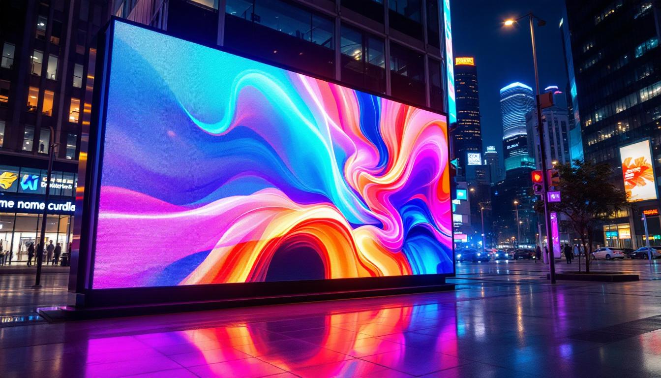 A photograph of capture a photograph of a vibrant led display in a dynamic urban setting at night